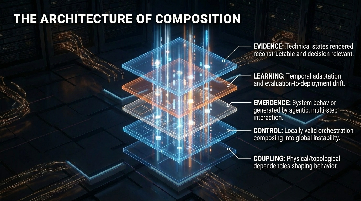 The five structural regimes of SORT-AI: Coupling, Learning, Control, Emergence, Evidence