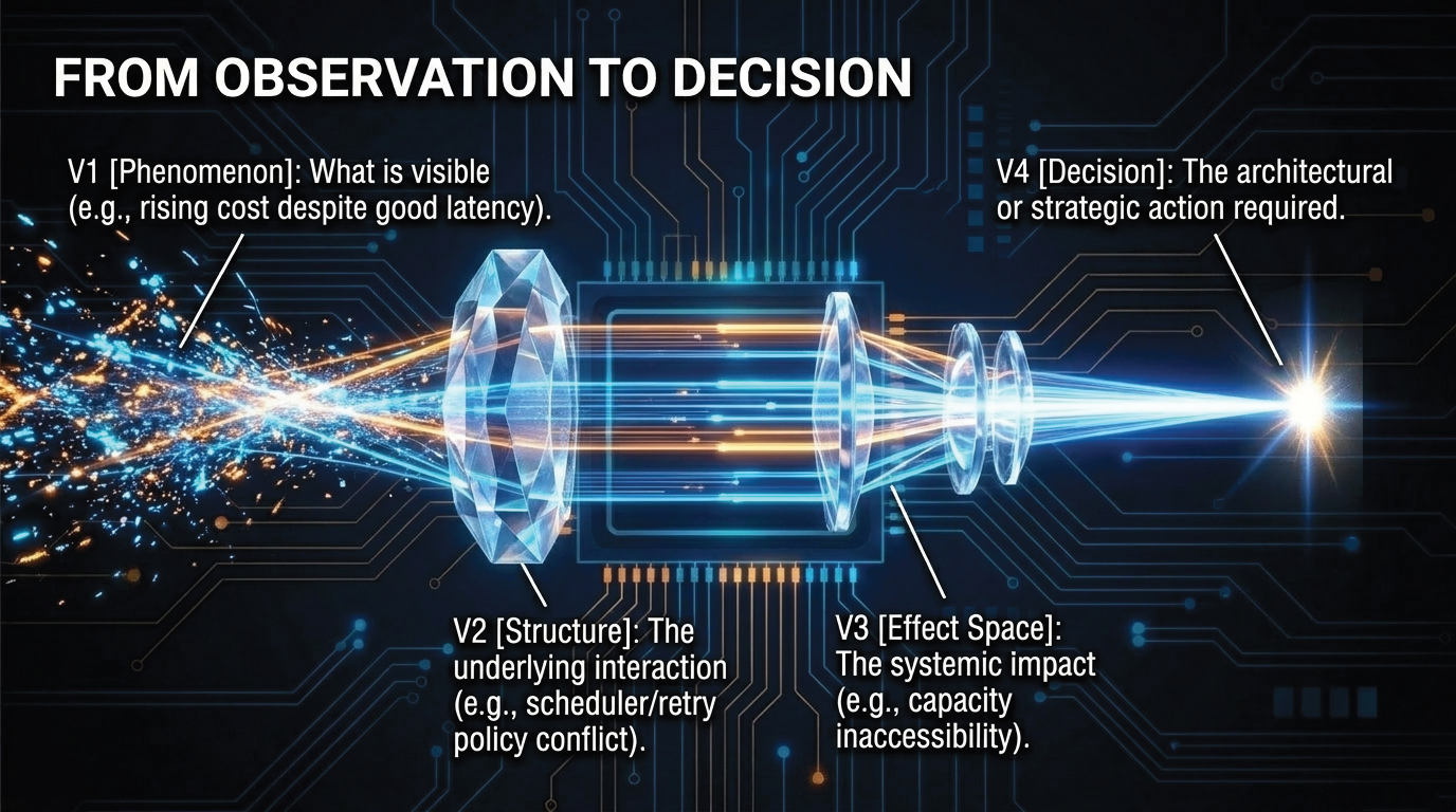 V1 to V4 diagnostic grammar from observation to decision