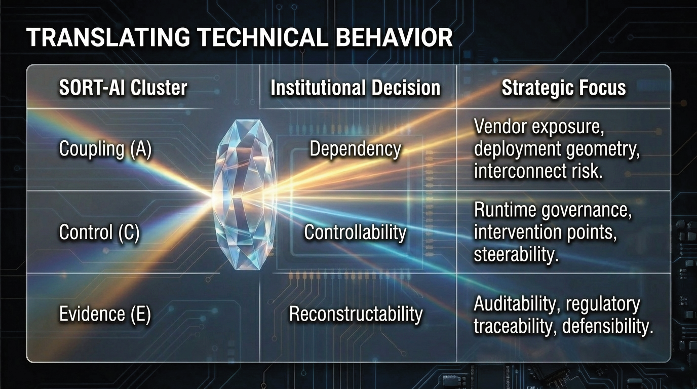 Technical behavior translated into institutional decision categories