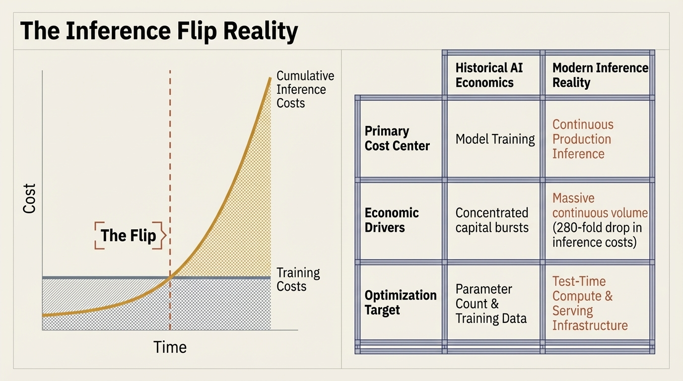 The Inference Flip Reality &ndash; Cumulative inference costs surpassing training costs, with optimization target shifting to test-time compute and serving infrastructure