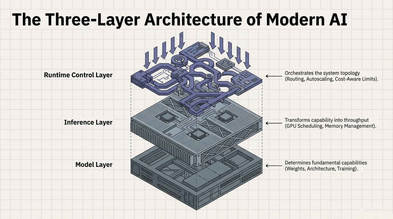 The Three-Layer Architecture of Modern AI &ndash; Runtime Control Layer orchestrating system topology above the Inference Layer and Model Layer