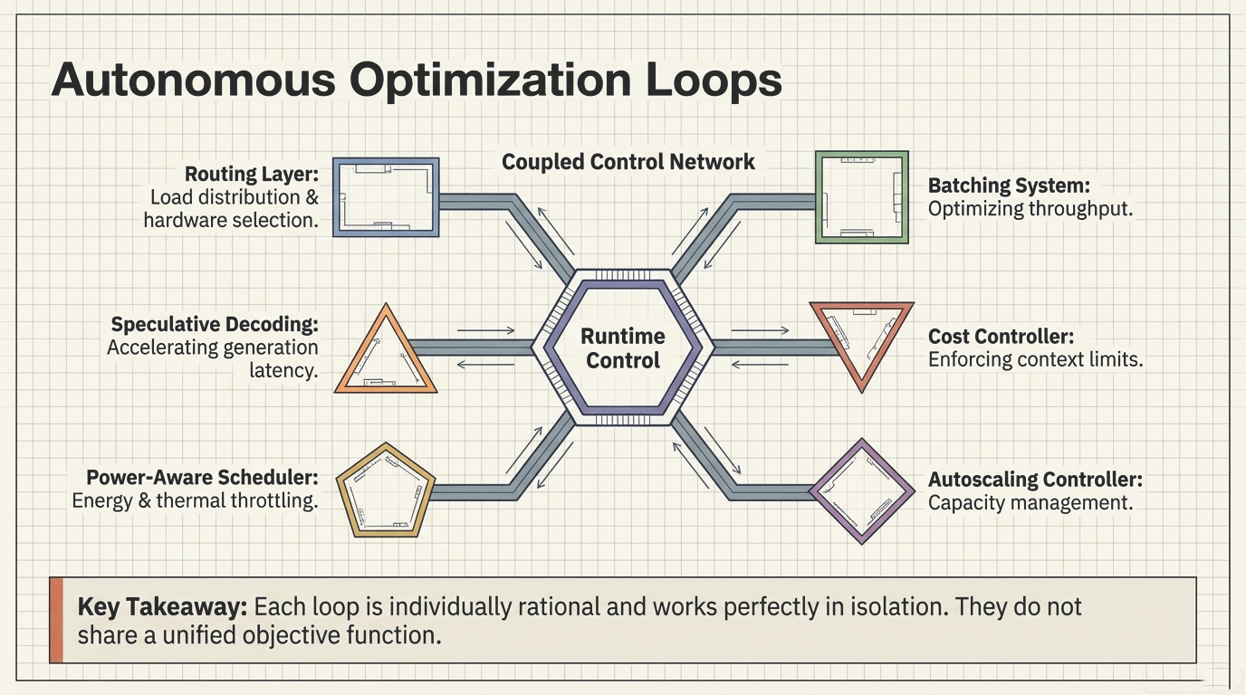 Autonomous Optimization Loops &ndash; Routing, batching, speculative decoding, cost control, power-aware scheduling, and autoscaling forming a coupled control network