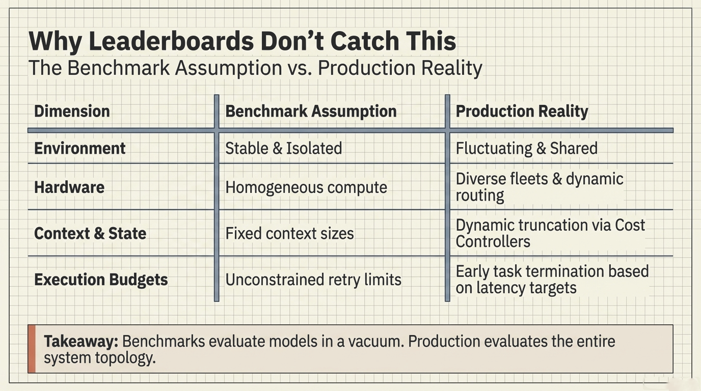 Why Leaderboards Don't Catch This &ndash; Benchmark assumptions versus production reality across environment, hardware, context, and execution budgets