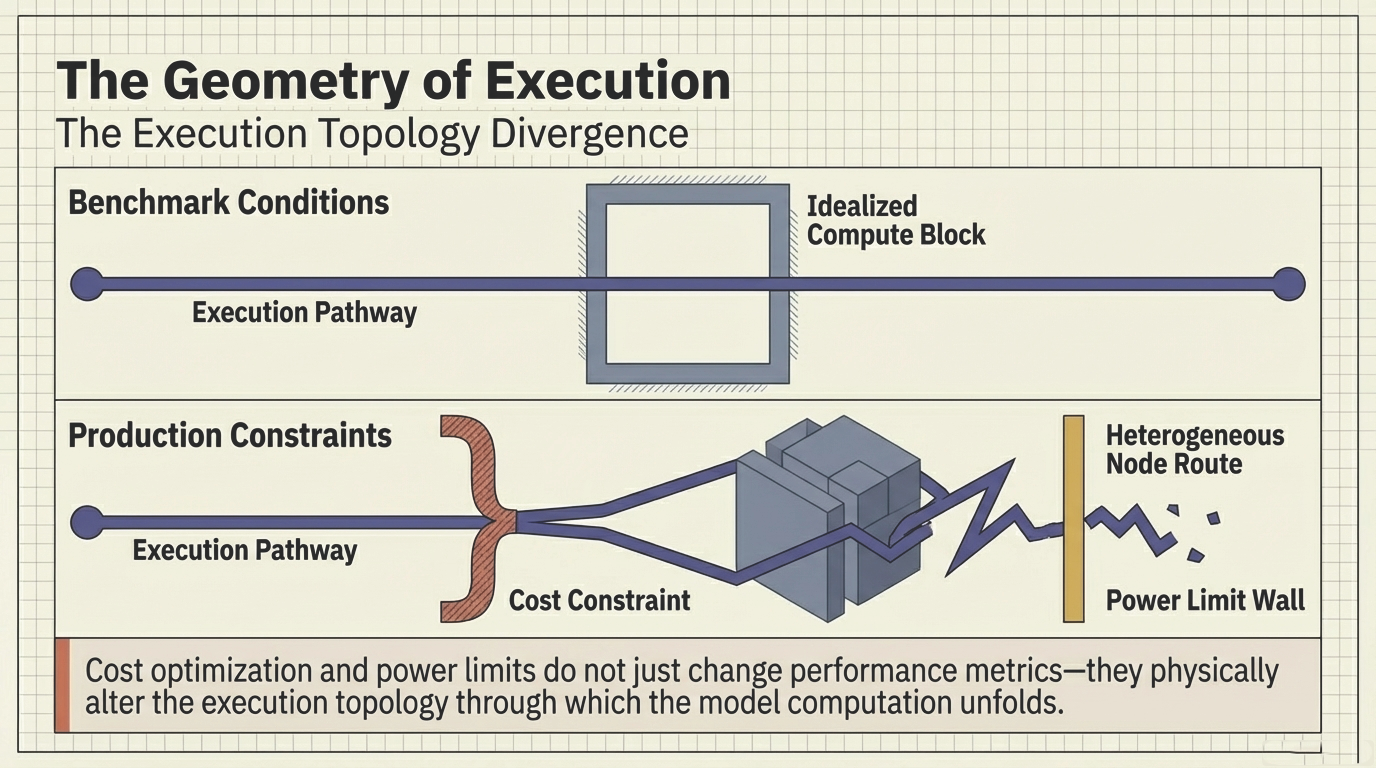 The Geometry of Execution &ndash; Benchmark conditions with idealized compute versus production constraints with cost, heterogeneous routing, and power limits