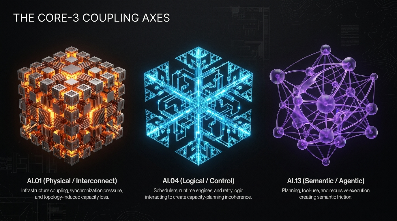 The Core-3 coupling axes: AI.01 physical, AI.04 logical, AI.13 semantic
