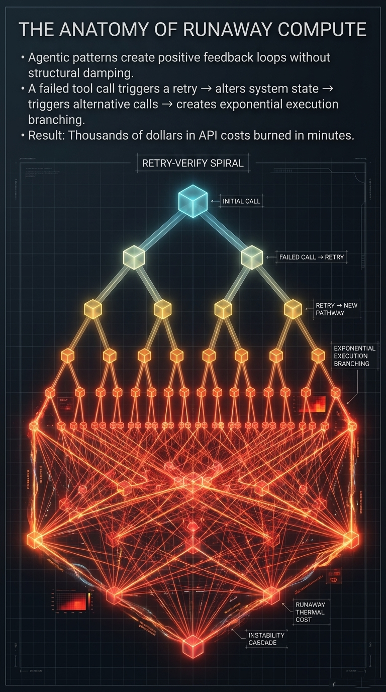 The Anatomy of Runaway Compute &ndash; Retry-verify spirals creating exponential execution branching from initial call to instability cascade