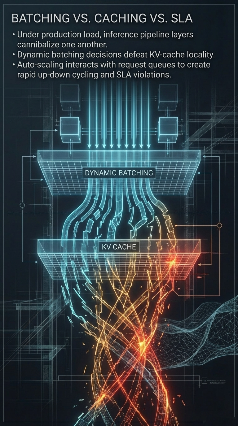 Batching vs. Caching vs. SLA &ndash; Under production load, dynamic batching defeats KV-cache locality while auto-scaling creates SLA violations