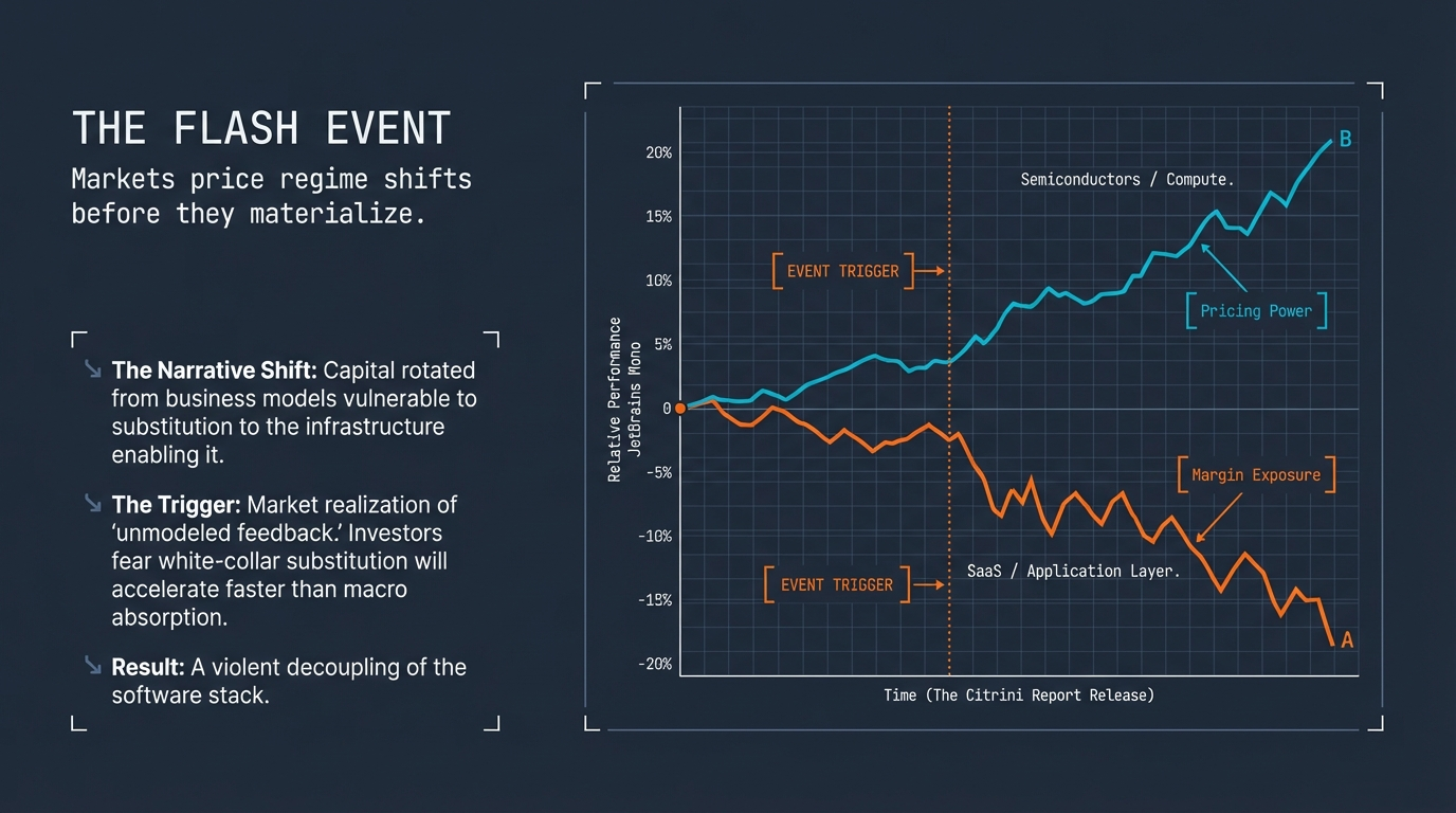 The Flash Event &ndash; Markets price regime shifts before they materialize. Capital rotated from software application layer to semiconductor infrastructure.