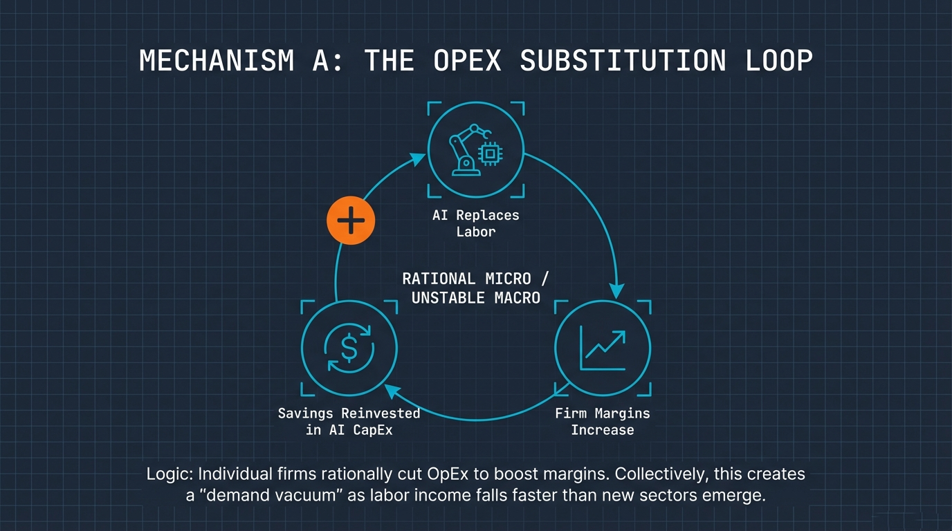 Mechanism A: The OpEx Substitution Loop &ndash; AI replaces labor, firm margins increase, savings are reinvested in AI CapEx, creating a rational micro / unstable macro feedback cycle
