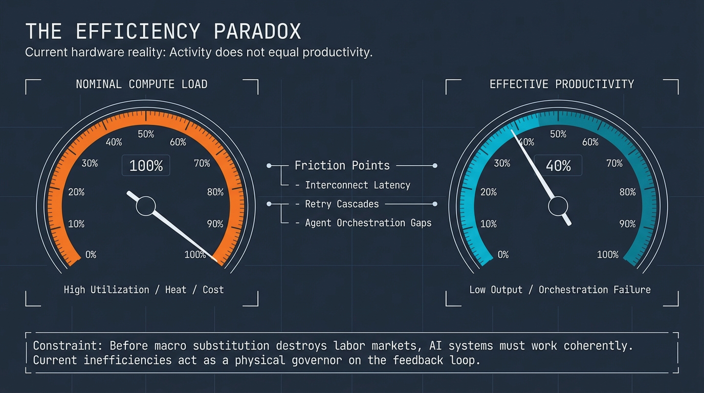 The Efficiency Paradox &ndash; Nominal Compute Load at 100% vs. Effective Productivity at 40%, with friction points: interconnect latency, retry cascades, agent orchestration gaps