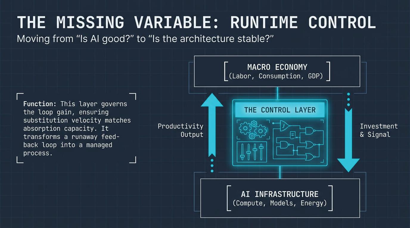 The Missing Variable: Runtime Control &ndash; The control layer between AI Infrastructure and Macro Economy governs loop gain, ensuring substitution velocity matches absorption capacity