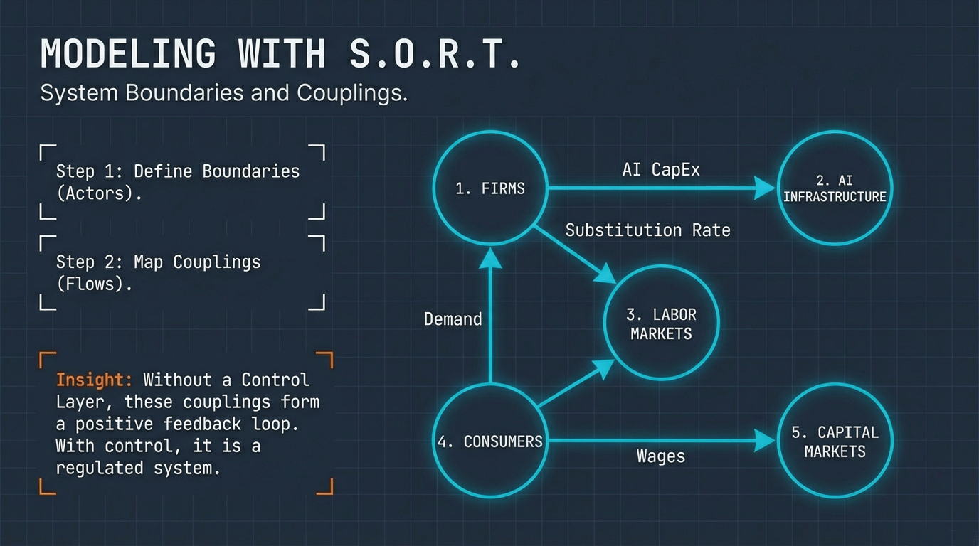 Modeling with SORT &ndash; System boundaries and couplings between Firms, AI Infrastructure, Labor Markets, Consumers, and Capital Markets with flows of AI CapEx, Substitution Rate, Wages, and Demand