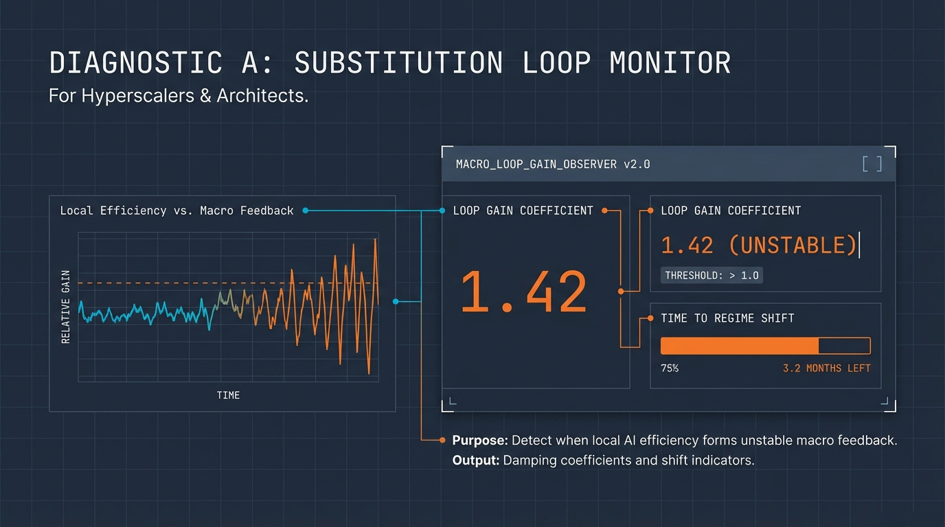Diagnostic A: Substitution Loop Monitor &ndash; Macro loop gain observer showing loop gain coefficient of 1.42 (unstable, threshold >1.0) with time to regime shift at 3.2 months