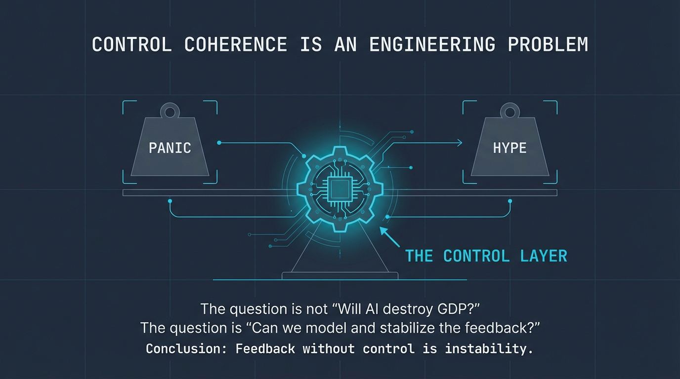 Control Coherence Is An Engineering Problem &ndash; Balance between Panic and Hype, with the Control Layer as the fulcrum. The question is not 'Will AI destroy GDP?' but 'Can we model and stabilize the feedback?'