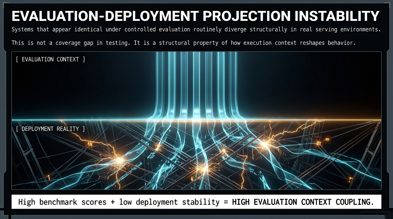 Evaluation-Deployment Projection Instability &ndash; Systems appearing identical under controlled evaluation diverge structurally in real serving environments
