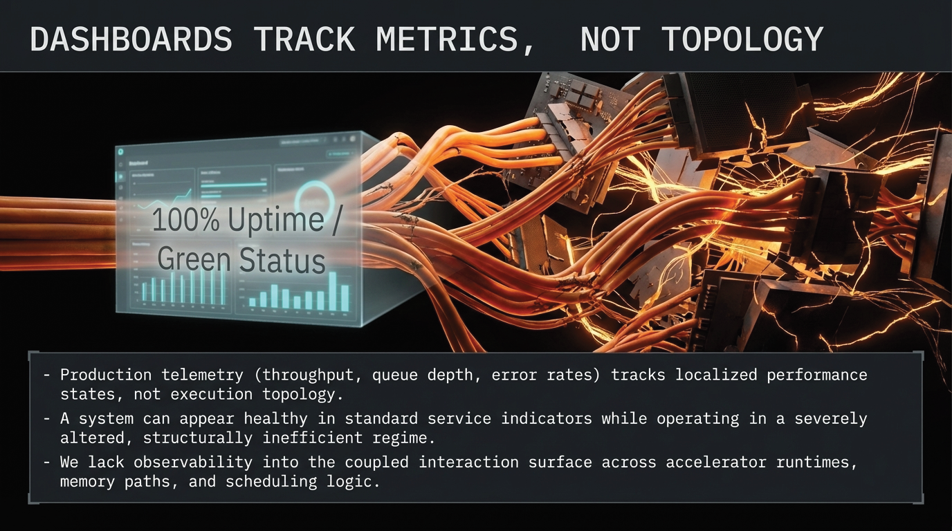 Dashboards Track Metrics, Not Topology &ndash; A system can appear healthy in standard service indicators while operating in a structurally altered regime