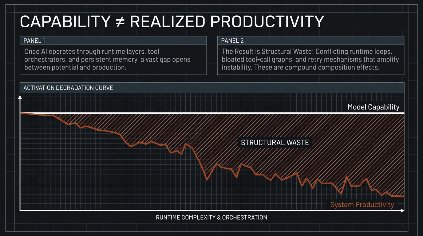 Capability does not equal Realized Productivity &ndash; Activation degradation curve showing structural waste as a function of runtime complexity and orchestration