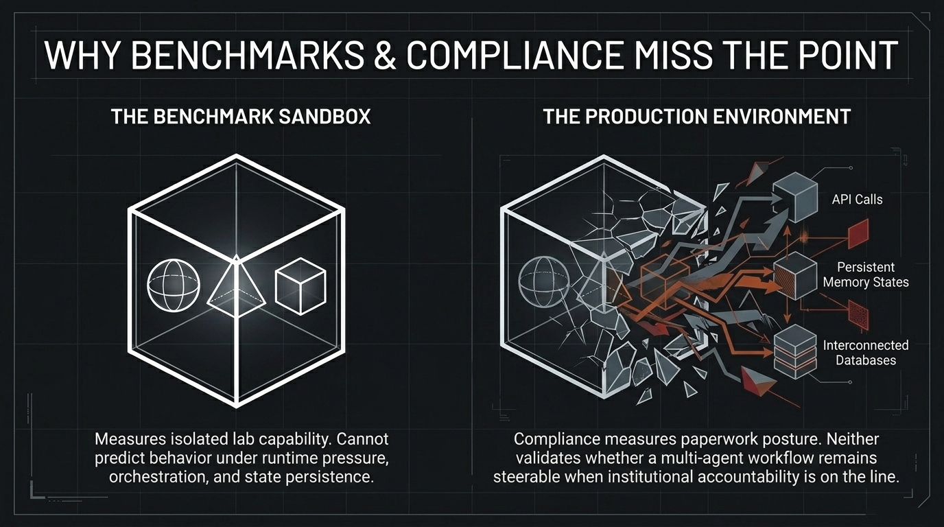 Why Benchmarks and Compliance Miss the Point &ndash; The benchmark sandbox versus the production environment with API calls, persistent memory states, and interconnected databases