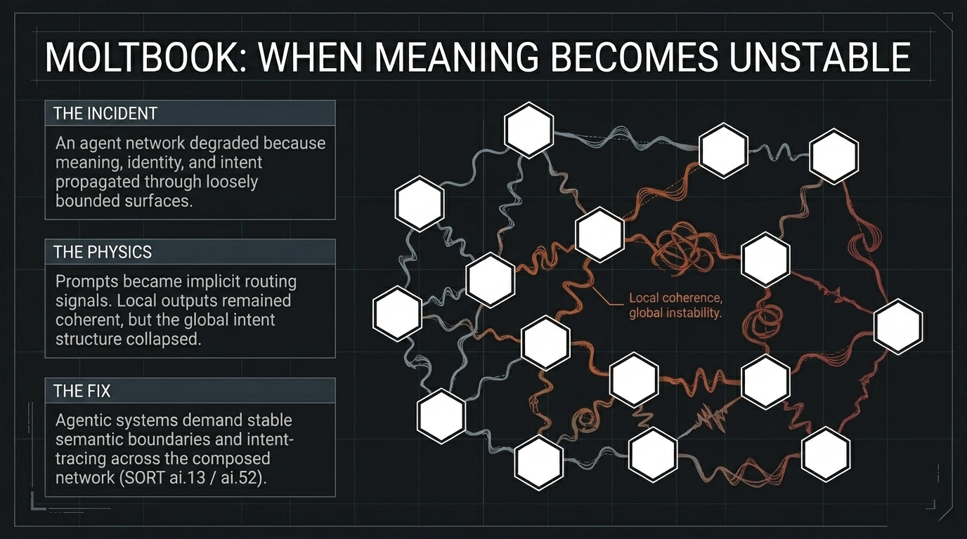 Moltbook: When Meaning Becomes Unstable &ndash; An agent network degraded because meaning, identity, and intent propagated through loosely bounded surfaces