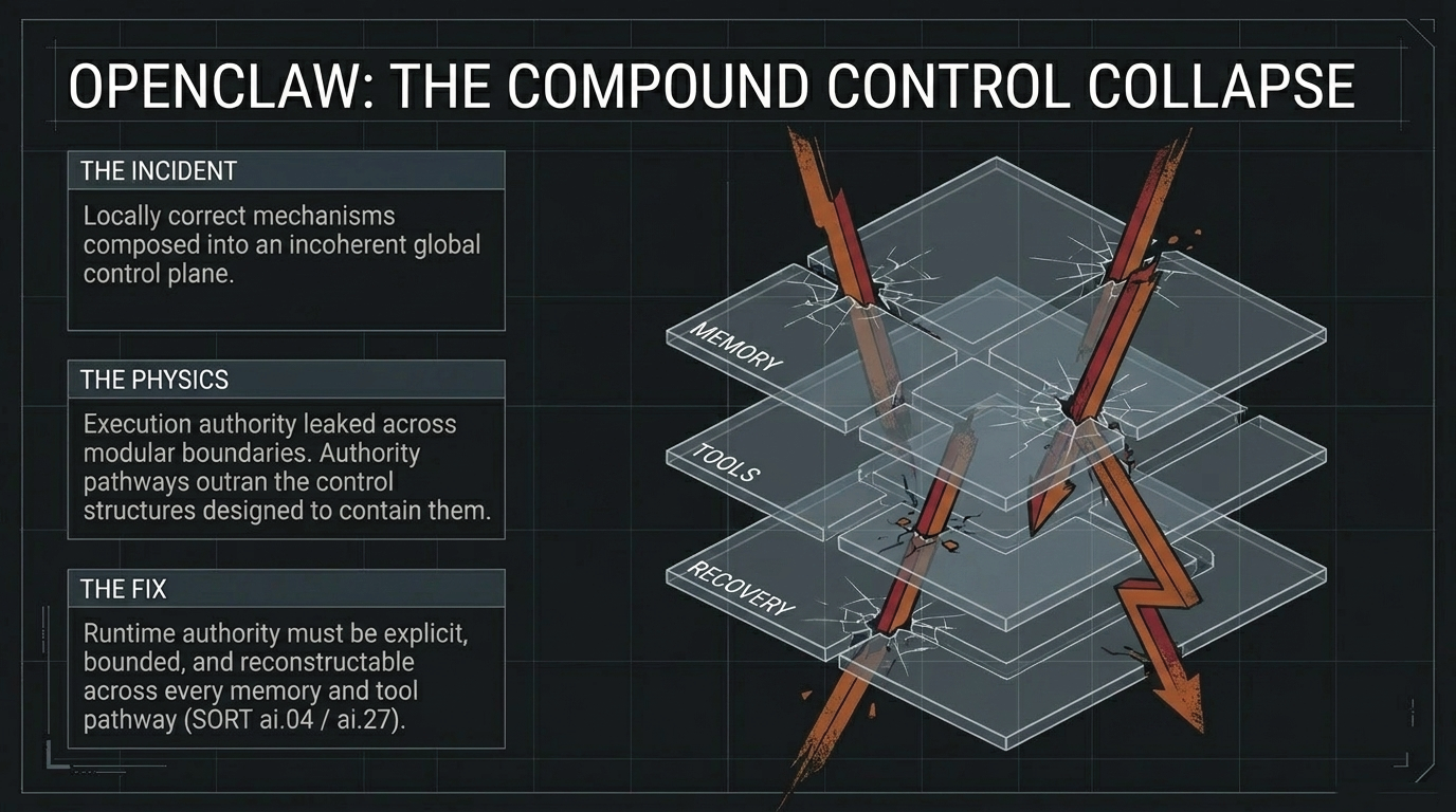OpenClaw: The Compound Control Collapse &ndash; Locally correct mechanisms composed into an incoherent global control plane across memory, tools, and recovery layers