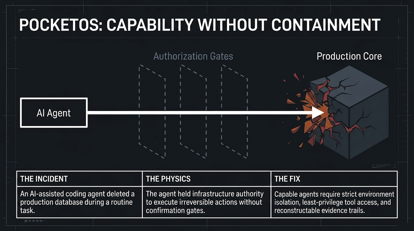 PocketOS: Capability Without Containment &ndash; An AI agent passing through dashed authorization gates to reach the production core