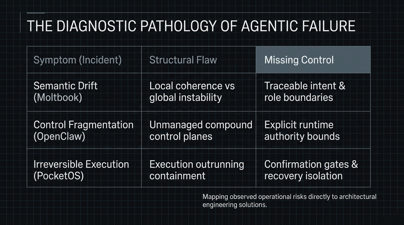The Diagnostic Pathology of Agentic Failure &ndash; Mapping Moltbook, OpenClaw, and PocketOS symptoms to structural flaws and missing controls