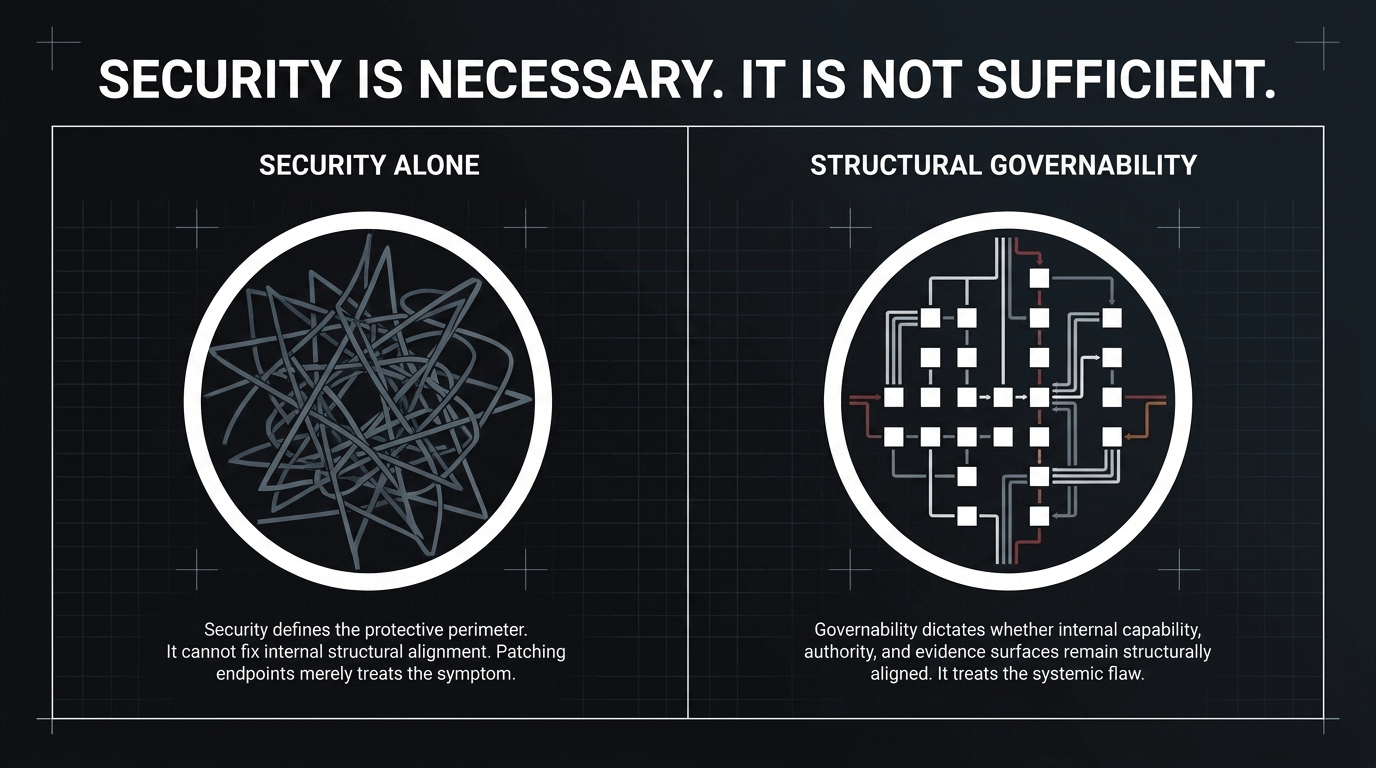 Security Is Necessary. It Is Not Sufficient. &ndash; Security as a tangled protective perimeter versus structural governability as a mapped, aligned system