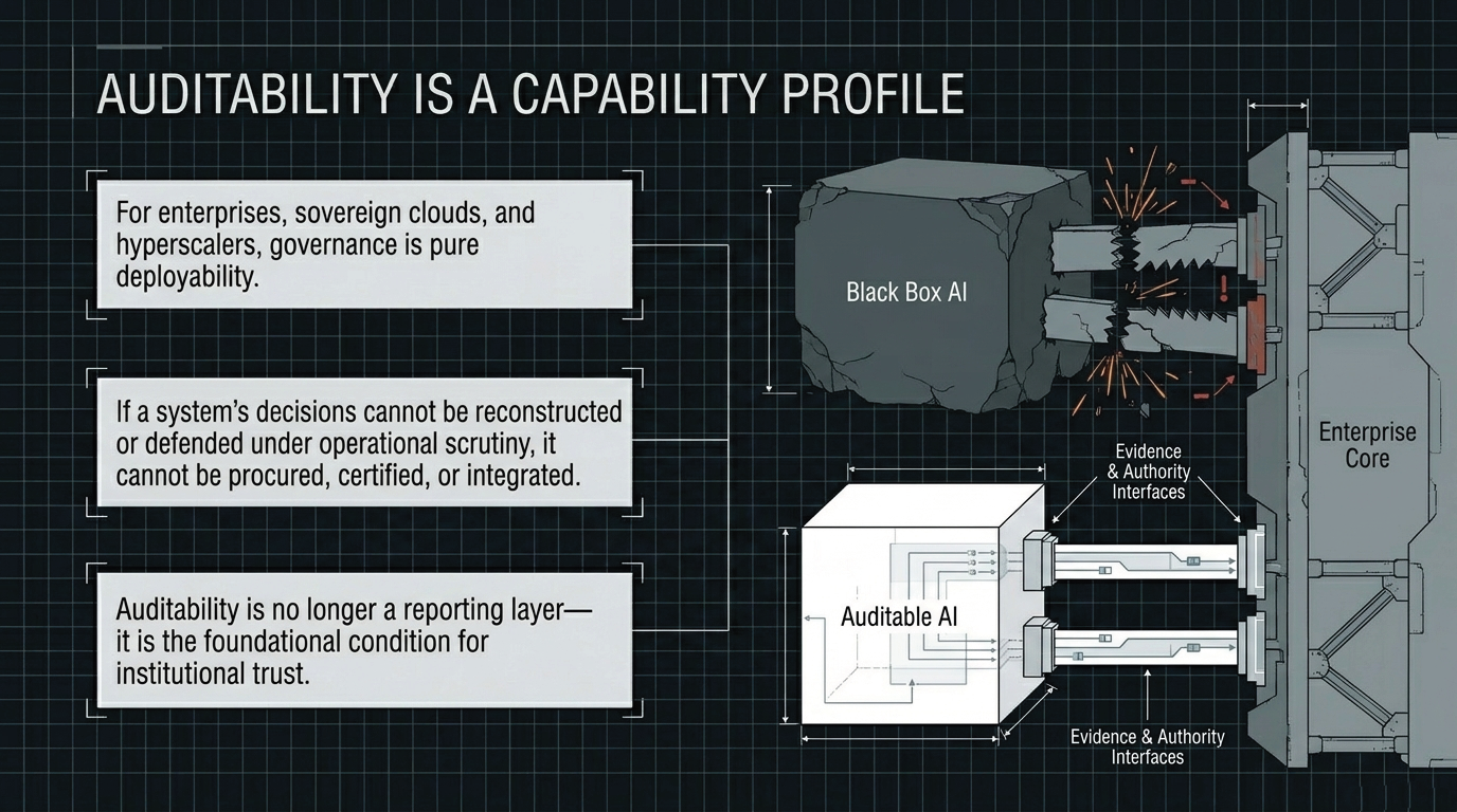 Auditability Is a Capability Profile &ndash; Black box AI failing to integrate with enterprise core versus auditable AI with evidence and authority interfaces