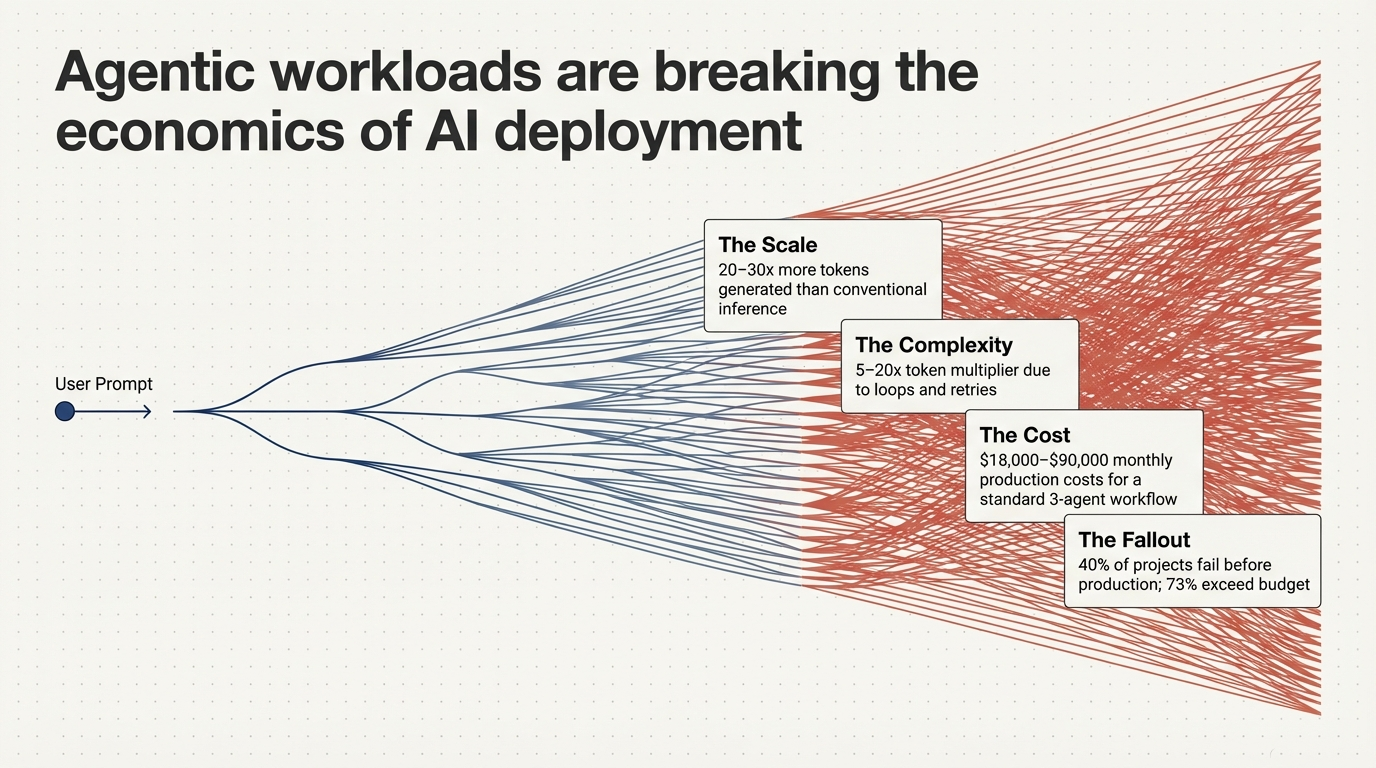 Agentic workloads are breaking the economics of AI deployment &ndash; 20&ndash;30x more tokens, 5&ndash;20x token multiplier from loops and retries, $18,000&ndash;$90,000 monthly production costs, 40% of projects fail before production