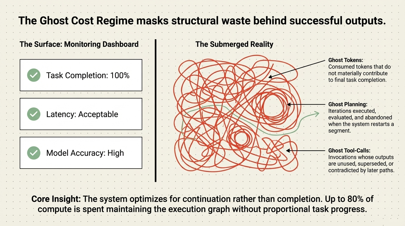 The Ghost Cost Regime masks structural waste behind successful outputs &ndash; Monitoring dashboard shows Task Completion 100%, Latency Acceptable, Model Accuracy High, while the submerged reality contains ghost tokens, ghost planning, and ghost tool-calls
