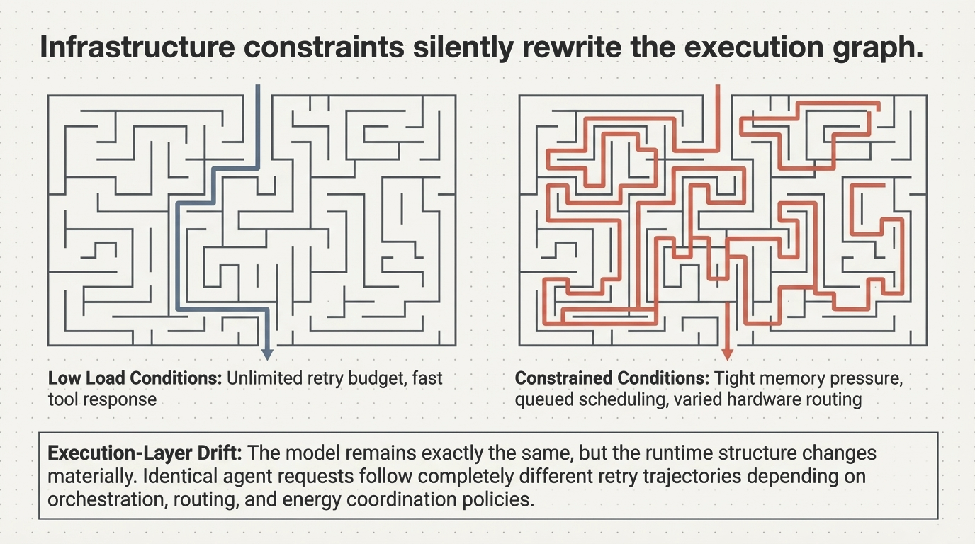 Infrastructure constraints silently rewrite the execution graph &ndash; Low load conditions with unlimited retry budget vs. constrained conditions with tight memory pressure and queued scheduling