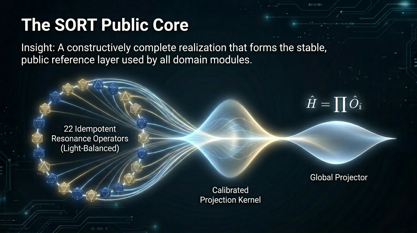 The SORT Public Core: 22 idempotent resonance operators, calibrated projection kernel, global projector