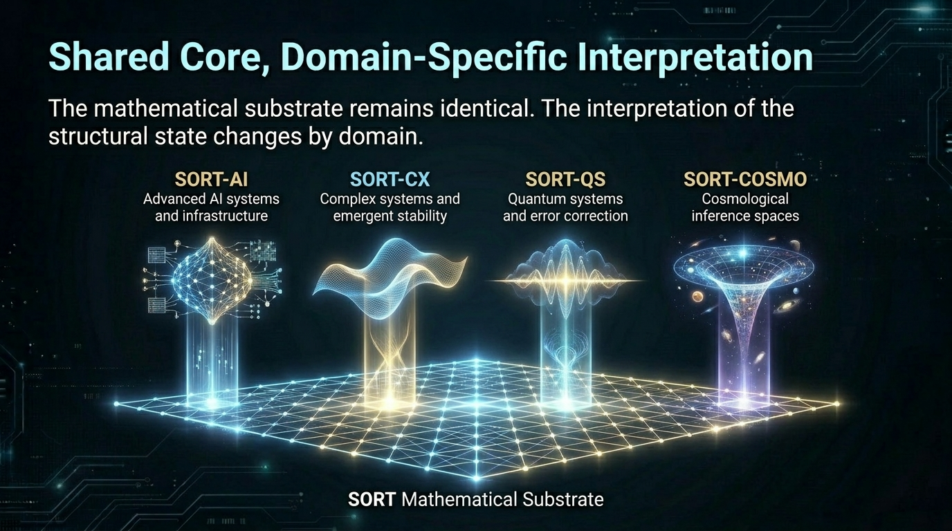 Shared core, domain-specific interpretation across SORT-AI, SORT-CX, SORT-QS, SORT-COSMO