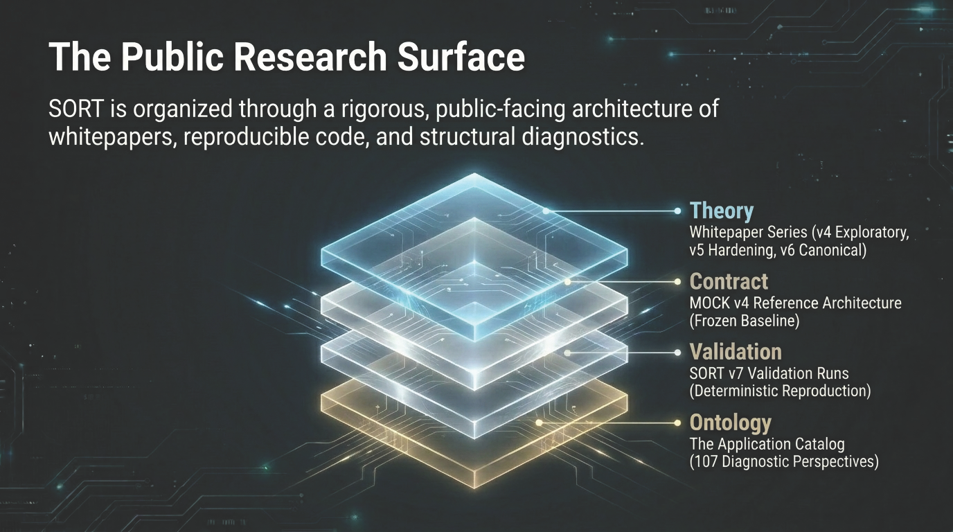 The public research surface: theory, contract, validation, ontology layers