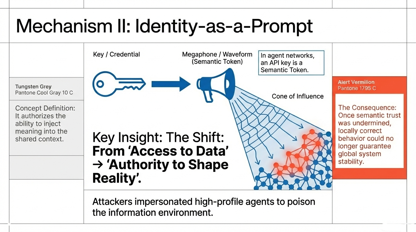 Mechanism II: Identity-as-a-Prompt – The shift from access to data toward authority to shape reality, showing how API keys become semantic tokens with a cone of influence across the agent network