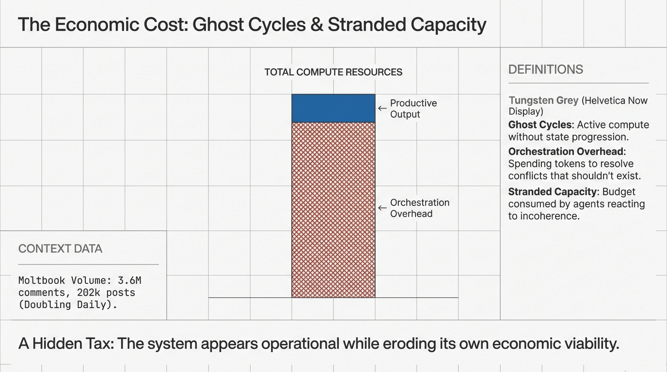 The Economic Cost: Ghost Cycles and Stranded Capacity – Stacked bar showing total compute resources with minimal productive output and dominant orchestration overhead, with context data showing Moltbook volume of 3.6M comments and 202K posts