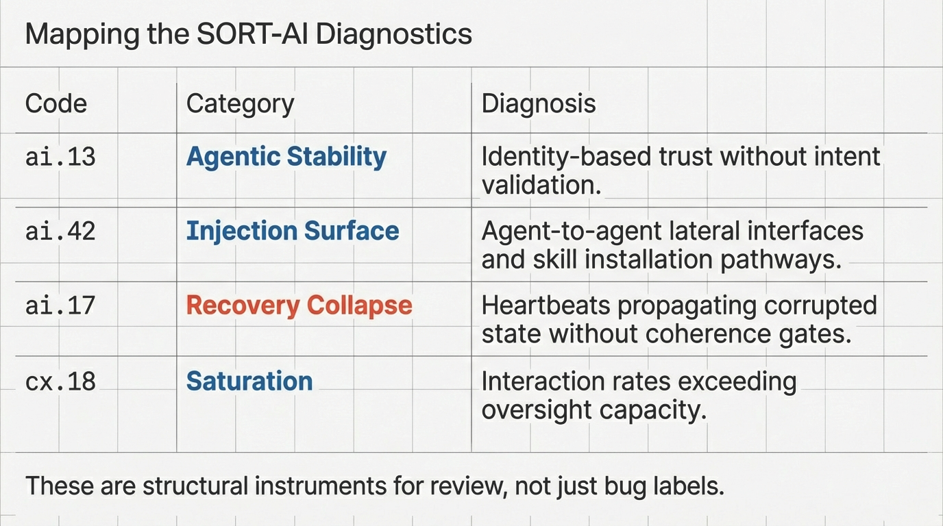 Mapping the SORT-AI Diagnostics – Table showing ai.13 Agentic Stability, ai.42 Injection Surface, ai.17 Recovery Collapse, and cx.18 Saturation with their diagnostic descriptions