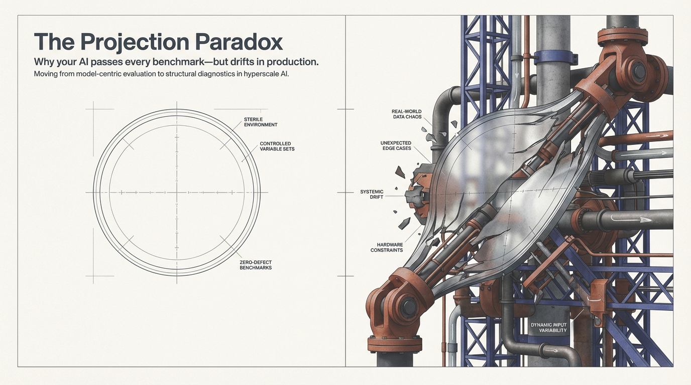 The Projection Paradox &ndash; Why your AI passes every benchmark but drifts in production. Moving from model-centric evaluation to structural diagnostics in hyperscale AI.