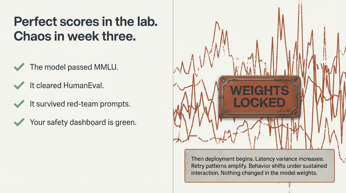 Perfect scores in the lab &ndash; The model passed MMLU, HumanEval, red-team prompts. Safety dashboard is green. Then deployment begins and latency variance increases, retry patterns amplify, behavior shifts.
