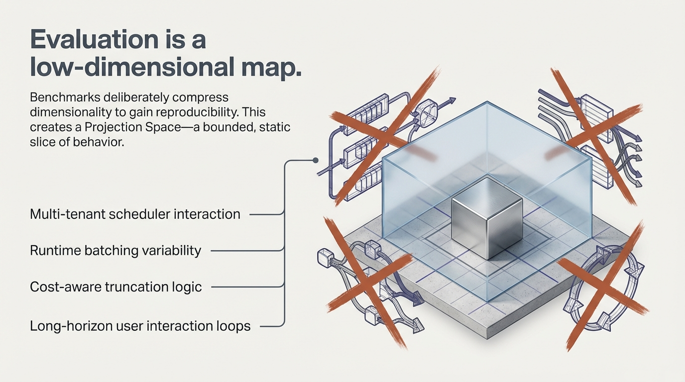 Evaluation is a low-dimensional map. Benchmarks deliberately compress dimensionality to gain reproducibility. This creates a Projection Space &ndash; a bounded, static slice of behavior.