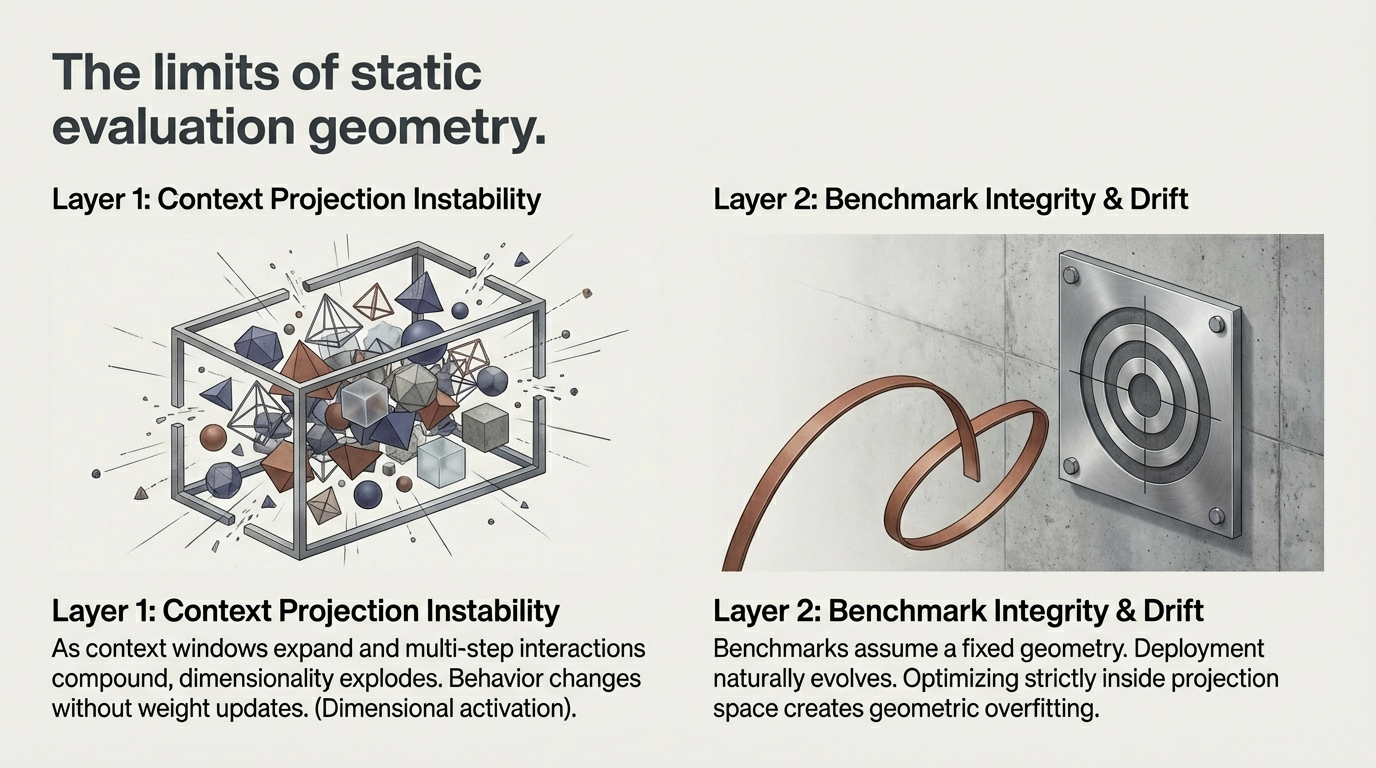 The limits of static evaluation geometry. Layer 1: Context Projection Instability &ndash; As context windows expand, dimensionality explodes. Layer 2: Benchmark Integrity and Drift &ndash; Optimizing inside projection space creates geometric overfitting.