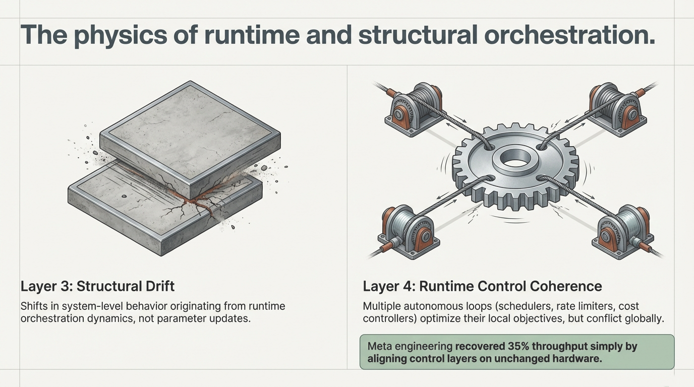 The physics of runtime and structural orchestration. Layer 3: Structural Drift &ndash; Shifts from runtime orchestration dynamics. Layer 4: Runtime Control Coherence &ndash; Multiple autonomous loops optimize locally but conflict globally.